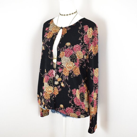 VTG 00s Y2K MSK Black Colorful Gold Floral Single Closure Long Sleeve Cardigan - Picture 2 of 5